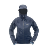 Navy blue rain jacket with hood up showing the velcro adjustable bottoms at the sleeves.