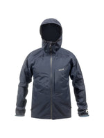 Navy blue rain jacket with hood up