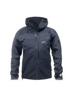 Navy blue rain jacket with zip done up