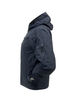 Navy blue rain jacket side view with hand in pocket